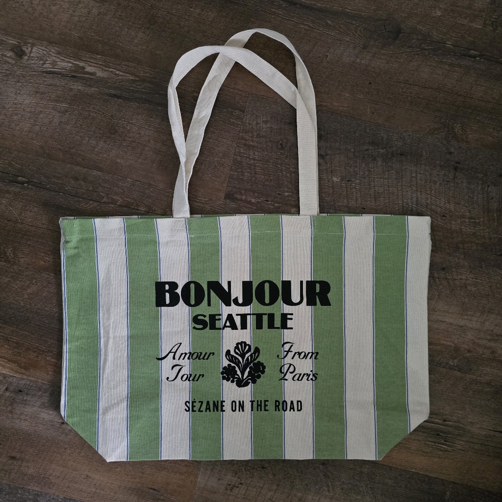 Sézane Limited Edition Bonjour Seattle Green Striped Amour Tour Canvas Tote